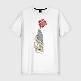Мужская футболка хлопок Slim с принтом I Love You в Курске, 92% хлопок, 8% лайкра | приталенный силуэт, круглый вырез ворота, длина до линии бедра, короткий рукав | Тематика изображения на принте: love | иллюстрация | роза | рука | тату | татуировка | цветок