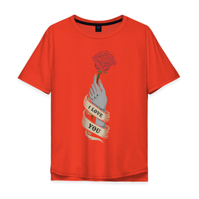 Мужская футболка хлопок Oversize с принтом I Love You в Тюмени, 100% хлопок | свободный крой, круглый ворот, “спинка” длиннее передней части | love | иллюстрация | роза | рука | тату | татуировка | цветок