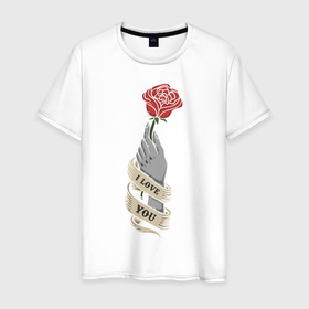 Мужская футболка хлопок с принтом I Love You в Курске, 100% хлопок | прямой крой, круглый вырез горловины, длина до линии бедер, слегка спущенное плечо. | Тематика изображения на принте: love | иллюстрация | роза | рука | тату | татуировка | цветок