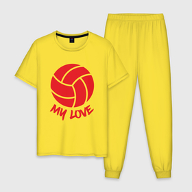 Мужская пижама хлопок с принтом My Love в Петрозаводске, 100% хлопок | брюки и футболка прямого кроя, без карманов, на брюках мягкая резинка на поясе и по низу штанин
 | Тематика изображения на принте: ball | beach | game | love | sport | volley | volleyball | волейбол | волейболист | волейболистка | гол | игра | игрок | мяч | площадка | пляж | пляжный | победа | сетка | спорт | тренер | чемпион