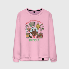 Мужской свитшот хлопок с принтом From Russia With Love в Новосибирске, 100% хлопок |  | балалайка | береза | иллюстрация | медведь | раша | самовар | собор | туризм