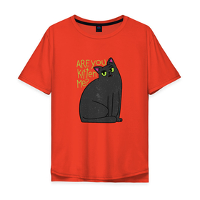 Мужская футболка хлопок Oversize с принтом Are you kitten me | Чёрный кот в Тюмени, 100% хлопок | свободный крой, круглый ворот, “спинка” длиннее передней части | big eyes | black cat | fear | funny cat | joking | kitten | kitty | игра слов | испуг | киса | кот с большими глазами | котёнок | котик | котики | кошка | кошки | милый котик | не шути со мной | прикол | рисунок | тёмный кот
