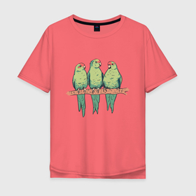 Мужская футболка хлопок Oversize с принтом Попугайчики на ветке в Кировске, 100% хлопок | свободный крой, круглый ворот, “спинка” длиннее передней части | art | nature | on a branch | parrot | parrots | red crowned parakeets | арт | ветка | иллюстрация | краснолобый прыгающий попугай | милые попугаи | попуг | попугаевые | попугай | попугчик | принт с попугаями | природа