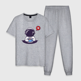 Мужская пижама хлопок с принтом Астронавт с кружкой в Курске, 100% хлопок | брюки и футболка прямого кроя, без карманов, на брюках мягкая резинка на поясе и по низу штанин
 | астронавт | иллюстрация | космос | кофе | лайк