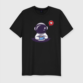 Мужская футболка хлопок Slim с принтом Астронавт с кружкой в Курске, 92% хлопок, 8% лайкра | приталенный силуэт, круглый вырез ворота, длина до линии бедра, короткий рукав | Тематика изображения на принте: астронавт | иллюстрация | космос | кофе | лайк