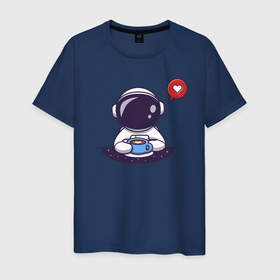 Мужская футболка хлопок с принтом Астронавт с кружкой в Курске, 100% хлопок | прямой крой, круглый вырез горловины, длина до линии бедер, слегка спущенное плечо. | астронавт | иллюстрация | космос | кофе | лайк
