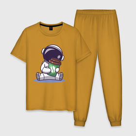 Мужская пижама хлопок с принтом Астронавт и кофе в Курске, 100% хлопок | брюки и футболка прямого кроя, без карманов, на брюках мягкая резинка на поясе и по низу штанин
 | art | астронавт | иллюстрация | космос | кофе