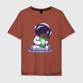 Мужская футболка хлопок Oversize с принтом Астронавт и кофе в Курске, 100% хлопок | свободный крой, круглый ворот, “спинка” длиннее передней части | Тематика изображения на принте: art | астронавт | иллюстрация | космос | кофе
