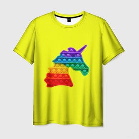 Мужская футболка 3D с принтом Pop It единорог радужный в Екатеринбурге, 100% полиэфир | прямой крой, круглый вырез горловины, длина до линии бедер | popit | simple dimple | unicorn | антистресс | единорог | желтый фон | игрушка | радуга | радужный