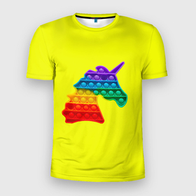 Мужская футболка 3D Slim с принтом Pop It единорог радужный в Петрозаводске, 100% полиэстер с улучшенными характеристиками | приталенный силуэт, круглая горловина, широкие плечи, сужается к линии бедра | popit | simple dimple | unicorn | антистресс | единорог | желтый фон | игрушка | радуга | радужный
