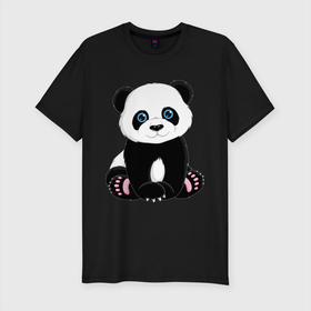 Мужская футболка хлопок Slim с принтом Милая панда , 92% хлопок, 8% лайкра | приталенный силуэт, круглый вырез ворота, длина до линии бедра, короткий рукав | Тематика изображения на принте: маленькая панда | медвежонок | панда | черно белый медведь