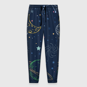 Мужские брюки 3D с принтом Космическая одиссея в Белгороде, 100% полиэстер | манжеты по низу, эластичный пояс регулируется шнурком, по бокам два кармана без застежек, внутренняя часть кармана из мелкой сетки | background | галактика | звёзды | иллюстрация | луна | планеты