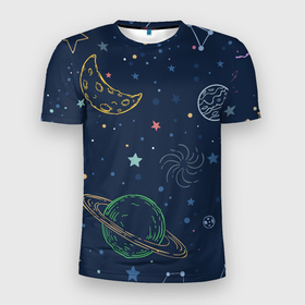 Мужская футболка 3D спортивная с принтом Космическая одиссея в Кировске, 100% полиэстер с улучшенными характеристиками | приталенный силуэт, круглая горловина, широкие плечи, сужается к линии бедра | background | галактика | звёзды | иллюстрация | луна | планеты