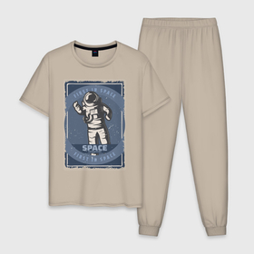Мужская пижама хлопок с принтом First In Space , 100% хлопок | брюки и футболка прямого кроя, без карманов, на брюках мягкая резинка на поясе и по низу штанин
 | art | first | астронавт | галактика | иллюстрация