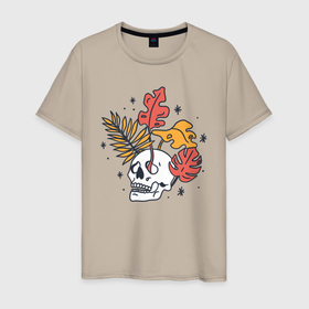 Мужская футболка хлопок с принтом Череп с тропическими листьями в Белгороде, 100% хлопок | прямой крой, круглый вырез горловины, длина до линии бедер, слегка спущенное плечо. | death | demon | fashion | flowers | grim | halloween | horror | leafs | palms | reaper | soul | souls | tropical | демон | душ | душа | жнец | мистика | мрачный | пальмовые листья | пальмы | скелеты | собиратель | тропики | ужасы | хор
