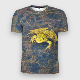 Мужская футболка 3D Slim с принтом Лягушка в Петрозаводске, 100% полиэстер с улучшенными характеристиками | приталенный силуэт, круглая горловина, широкие плечи, сужается к линии бедра | болота | болотные | болотный | болото | водоём | водоёмы | животное | животные | лягушка | лягушки | природа | фауна | флора