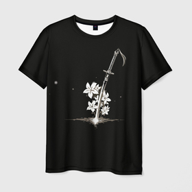 Мужская футболка 3D с принтом Nier   Sword and Flowers в Санкт-Петербурге, 100% полиэфир | прямой крой, круглый вырез горловины, длина до линии бедер | 2b | 2б | 9s | automata | flowers | japan | nier | nier automata | nier replicant | replicant | samurai | sword | автомата | белый меч | катана | меч | найнэс | нир | нир автомата | репликант | самурай | самурайский | туби | цветы | япония |