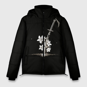 Мужская зимняя куртка 3D с принтом Nier - Sword and Flowers в Новосибирске, верх — 100% полиэстер; подкладка — 100% полиэстер; утеплитель — 100% полиэстер | длина ниже бедра, свободный силуэт Оверсайз. Есть воротник-стойка, отстегивающийся капюшон и ветрозащитная планка. 

Боковые карманы с листочкой на кнопках и внутренний карман на молнии. | 2b | 2б | 9s | automata | flowers | japan | nier | nier automata | nier replicant | replicant | samurai | sword | автомата | белый меч | катана | меч | найнэс | нир | нир автомата | репликант | самурай | самурайский | туби | цветы | япония |