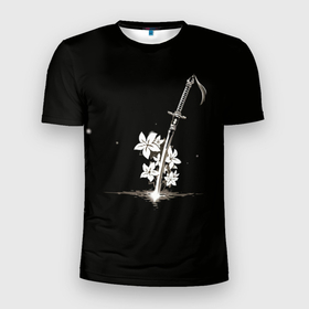 Мужская футболка 3D Slim с принтом Nier   Sword and Flowers в Петрозаводске, 100% полиэстер с улучшенными характеристиками | приталенный силуэт, круглая горловина, широкие плечи, сужается к линии бедра | 2b | 2б | 9s | automata | flowers | japan | nier | nier automata | nier replicant | replicant | samurai | sword | автомата | белый меч | катана | меч | найнэс | нир | нир автомата | репликант | самурай | самурайский | туби | цветы | япония |