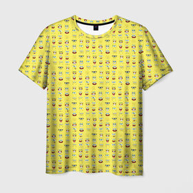 Мужская футболка 3D с принтом SpongeBobs facial expressions в Санкт-Петербурге, 100% полиэфир | прямой крой, круглый вырез горловины, длина до линии бедер | Тематика изображения на принте: глаза | губка боб | лица | нос | рот | спанч боб