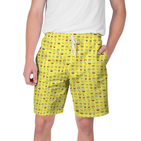 Мужские шорты 3D с принтом SpongeBobs facial expressions ,  полиэстер 100% | прямой крой, два кармана без застежек по бокам. Мягкая трикотажная резинка на поясе, внутри которой широкие завязки. Длина чуть выше колен | глаза | губка боб | лица | нос | рот | спанч боб