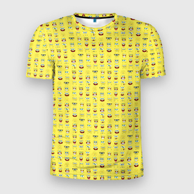 Мужская футболка 3D Slim с принтом SpongeBobs facial expressions в Санкт-Петербурге, 100% полиэстер с улучшенными характеристиками | приталенный силуэт, круглая горловина, широкие плечи, сужается к линии бедра | глаза | губка боб | лица | нос | рот | спанч боб