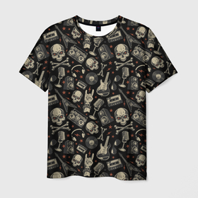 Мужская футболка 3D с принтом Scull pattern rock в Белгороде, 100% полиэфир | прямой крой, круглый вырез горловины, длина до линии бедер | guitar | rock | rockroll | scull | гитара | концерт | паттерн | рок | череп | черепа