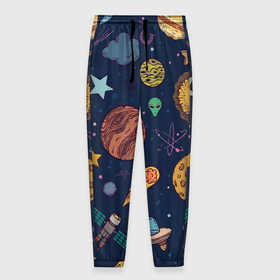 Мужские брюки 3D с принтом Космический мир в Санкт-Петербурге, 100% полиэстер | манжеты по низу, эластичный пояс регулируется шнурком, по бокам два кармана без застежек, внутренняя часть кармана из мелкой сетки | галактика | земля | иллюстрация | комета | ракета