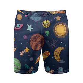 Мужские шорты спортивные с принтом Космический мир в Новосибирске,  |  | галактика | земля | иллюстрация | комета | ракета