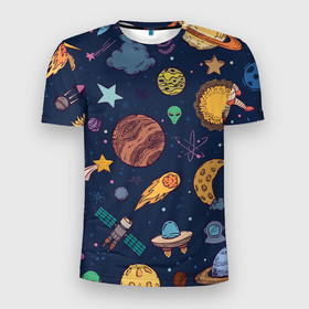 Мужская футболка 3D Slim с принтом Космический мир в Екатеринбурге, 100% полиэстер с улучшенными характеристиками | приталенный силуэт, круглая горловина, широкие плечи, сужается к линии бедра | галактика | земля | иллюстрация | комета | ракета
