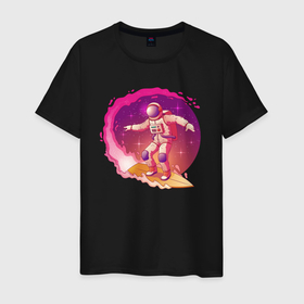 Мужская футболка хлопок с принтом Космическая одиссея в Новосибирске, 100% хлопок | прямой крой, круглый вырез горловины, длина до линии бедер, слегка спущенное плечо. | Тематика изображения на принте: астронавт | галактика | иллюстрация | серфинг | хобби