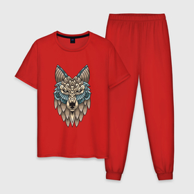 Мужская пижама хлопок с принтом Волк орнамент в Санкт-Петербурге, 100% хлопок | брюки и футболка прямого кроя, без карманов, на брюках мягкая резинка на поясе и по низу штанин
 | lone | ornament | predator | wolf | волк | волки | животное | орнамент | хищник