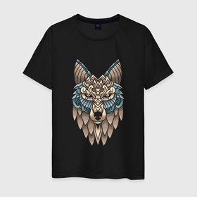 Мужская футболка хлопок с принтом Волк орнамент в Белгороде, 100% хлопок | прямой крой, круглый вырез горловины, длина до линии бедер, слегка спущенное плечо. | lone | ornament | predator | wolf | волк | волки | животное | орнамент | хищник