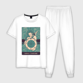 Мужская пижама хлопок с принтом Колесо фортуны   Госпожа удача в Тюмени, 100% хлопок | брюки и футболка прямого кроя, без карманов, на брюках мягкая резинка на поясе и по низу штанин
 | Тематика изображения на принте: art | astrology | circle | esoteric | lady luck | medieval | runes | tarot card | ten | wheel of fortune | x | арт | астрология | барабан | гадание | гороскоп | дева | девушка воин | десять | иллюстрация | карта таро | круг | орёл | руны | символизм