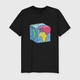Мужская футболка хлопок Slim с принтом Квадратный глобус земли в Тюмени, 92% хлопок, 8% лайкра | приталенный силуэт, круглый вырез ворота, длина до линии бедра, короткий рукав | Тематика изображения на принте: art | cube | cubic | earth | europe | funny | globe | globus | humor | illustration | map | south america | америка | арт | африка | евразия | европа | земля | иллюстрация | карта | континенты | кубизм | кубическая карта | планета | прикол