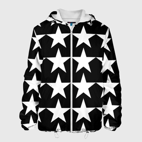 Мужская куртка 3D с принтом Белые звёзды на чёрном фоне в Новосибирске, ткань верха — 100% полиэстер, подклад — флис | прямой крой, подол и капюшон оформлены резинкой с фиксаторами, два кармана без застежек по бокам, один большой потайной карман на груди. Карман на груди застегивается на липучку | бело чёрные звёзды | белые звёзды | белые звёзды на чёрном фоне | звёзды