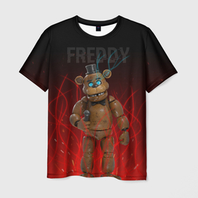 Мужская футболка 3D с принтом FNAF FREDDY в Тюмени, 100% полиэфир | прямой крой, круглый вырез горловины, длина до линии бедер | игры | искры | красный | стиль | фнаф | фредди