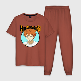Мужская пижама хлопок с принтом Шоё Хината Haikyu!! в Новосибирске, 100% хлопок | брюки и футболка прямого кроя, без карманов, на брюках мягкая резинка на поясе и по низу штанин
 | 10 номер | haikyu | haikyuu | hinata shoyo | karasuno | аниме | волейбол | волейбольный клуб | карасуно | коротышка | красный | мальчик мяч | манга | рыжик | старшая школа | хаикую | чиби чан | шоё хината