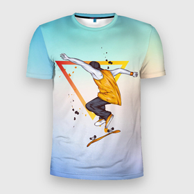 Мужская футболка 3D Slim с принтом Скейтер в Новосибирске, 100% полиэстер с улучшенными характеристиками | приталенный силуэт, круглая горловина, широкие плечи, сужается к линии бедра | арт | графика | парень | скейт | спорт