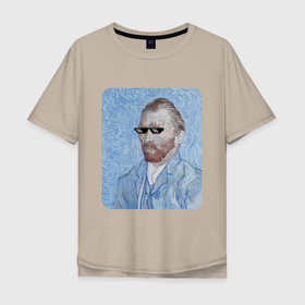 Мужская футболка хлопок Oversize с принтом Ван Гог в очках в Белгороде, 100% хлопок | свободный крой, круглый ворот, “спинка” длиннее передней части | автопортрет | арт | ван гог | ван гог мем | звезда | звёздная ночь | крутой | мемасик | мемасные очки | очки | очки из мема | пиджак | художник