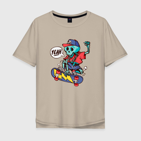 Мужская футболка хлопок Oversize с принтом Скелет на скейте в Белгороде, 100% хлопок | свободный крой, круглый ворот, “спинка” длиннее передней части | dark | крутой | матрица | на скейте | скейт | скейтборд | скейтбордист | скелет | череп | черепушка