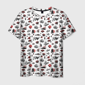 Мужская футболка 3D с принтом Япония в Белгороде, 100% полиэфир | прямой крой, круглый вырез горловины, длина до линии бедер | Тематика изображения на принте: веер | гора | дракон | иероглиф | каллиграфия | остров | сакура