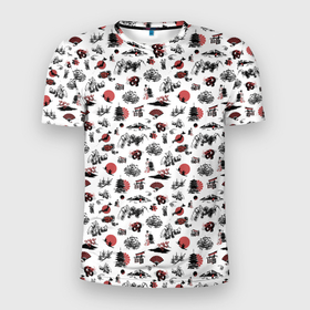 Мужская футболка 3D Slim с принтом Япония в Курске, 100% полиэстер с улучшенными характеристиками | приталенный силуэт, круглая горловина, широкие плечи, сужается к линии бедра | веер | гора | дракон | иероглиф | каллиграфия | остров | сакура