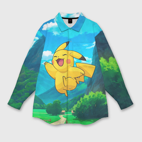 Мужская рубашка oversize 3D с принтом Радостный Пикачу в прыжке ,  |  | anime | picachu | pikachu | аниме | милый | пика | пикачу | покебол | покемон