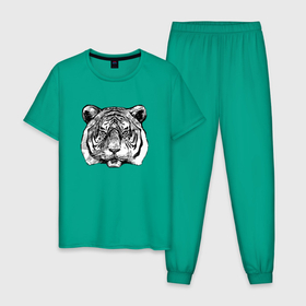 Мужская пижама хлопок с принтом Тигр голова в Новосибирске, 100% хлопок | брюки и футболка прямого кроя, без карманов, на брюках мягкая резинка на поясе и по низу штанин
 | tiger | голова | животное | клыки | кот | кошка | тигр | черный