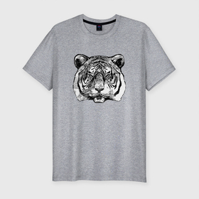 Мужская футболка хлопок Slim с принтом Тигр голова в Белгороде, 92% хлопок, 8% лайкра | приталенный силуэт, круглый вырез ворота, длина до линии бедра, короткий рукав | tiger | голова | животное | клыки | кот | кошка | тигр | черный
