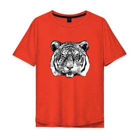Мужская футболка хлопок Oversize с принтом Тигр голова в Курске, 100% хлопок | свободный крой, круглый ворот, “спинка” длиннее передней части | tiger | голова | животное | клыки | кот | кошка | тигр | черный