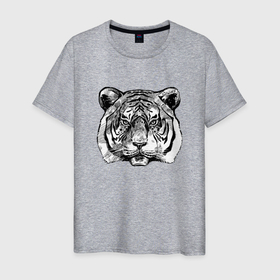 Мужская футболка хлопок с принтом Тигр голова в Санкт-Петербурге, 100% хлопок | прямой крой, круглый вырез горловины, длина до линии бедер, слегка спущенное плечо. | tiger | голова | животное | клыки | кот | кошка | тигр | черный