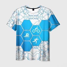 Мужская футболка 3D с принтом Плыви, Крути, Беги в Санкт-Петербурге, 100% полиэфир | прямой крой, круглый вырез горловины, длина до линии бедер | bike | ironman | run | running | swim | swimming | triathlon | бег | бегун | велосипед | велоспорт | выносливость | железный человек | плавание | спорт на выносливость | триатлон | цикличный вид спорта