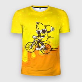 Мужская футболка 3D спортивная с принтом Банан на велосипеде в Санкт-Петербурге, 100% полиэстер с улучшенными характеристиками | приталенный силуэт, круглая горловина, широкие плечи, сужается к линии бедра | байк | банан | бананчик | велик | велосипед | живой банан | спорт